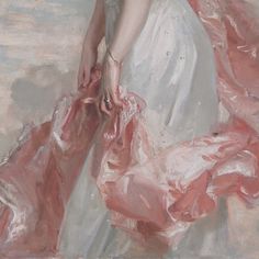 a painting of a woman in a white dress holding a pink bag and wearing a tiara