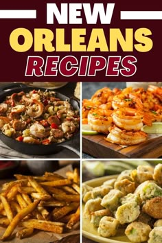 the cover of new orleans's dishes, including shrimp and other food items on display