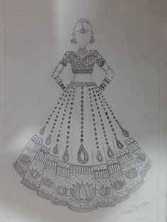 a drawing of a woman's dress in black and white, with an intricate design