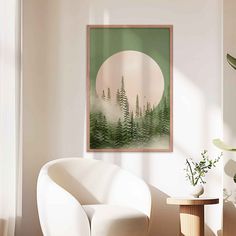 a living room with white furniture and a painting on the wall above it that has a forest scene