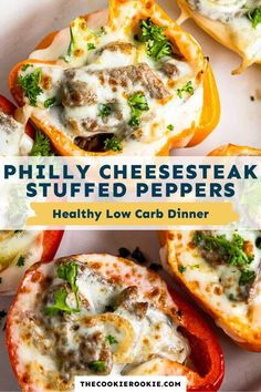 three stuffed peppers with cheese and meat in them on a white plate, the title reads philly cheesesteak stuffed peppers healthy low carb dinner