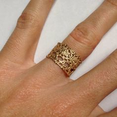 Gorgeous vintage lace cast in solid 10k,14k or 18k solid gold. You choose the karat and color of gold you like from the dropdown menu to the side of the listing.What a stunning and intricate piece for a woman who likes the classics but likes to stand out a bit too! 12mm wide at the widest points.please allow 2 weeks to make before shipping Please make sure to get your finger professionally measured at a reputable jewellery store. Any method of measuring your finger with a string, paper or printo Handmade 14k Gold Jewelry For Promise, Bohemian 14k Gold Ring Jewelry, Bohemian 14k Gold Ring, 14k Gold Jewelry With Intricate Design For Promise, Adjustable 14k Gold Jewelry With Intricate Design, Hand Forged Brass Wedding Jewelry, Adjustable 14k Stamped Wedding Jewelry, Open Band 14k Gold Wedding Jewelry, Rose Gold 14k Gold Jewelry With Decorative Band