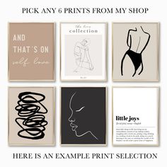 six prints from my shop, including one with an image of a woman's torso and