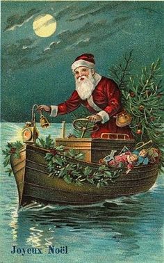 an old fashioned christmas card with santa in a boat