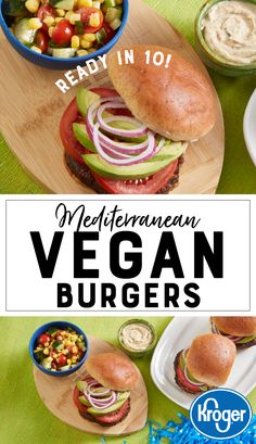 an image of vegetarian vegan burgers on a cutting board with vegetables and dip