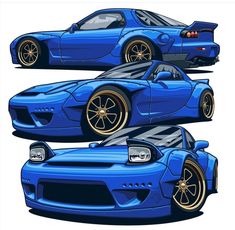 the blue sports car is shown in three different views, with gold rims and tires