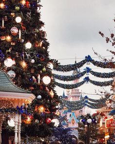 the christmas tree is lit up in front of disneyland's main street at night