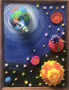 an art work with space, stars and planets in the sky on paper machs