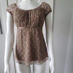 Made In The U.S.A. Would Pair Very Cute With Jeans Or Dress Pants. Cap Sleeves. Lace Over With Silk Ribbon Belt. 100% Polyester. Brown Short Sleeve Party Top, Party Brown Short Sleeve Tops, Ribbon Belt, Silk Ribbon, Lace Blouse, Tan Brown, Dress Pants, Cap Sleeves, Cocktail Dress