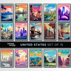 a set of 15 vintage travel posters depicting the united states from around the world in different styles