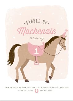 a birthday card with a horse wearing a pink blanket and number one on the front