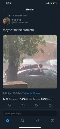 the tweet is posted to someone on their cell phone while they are in the rain