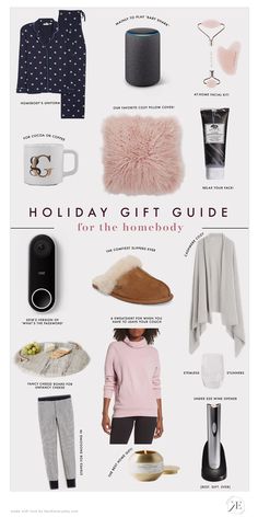 the holiday gift guide for the homebody is shown in white and has pink accents