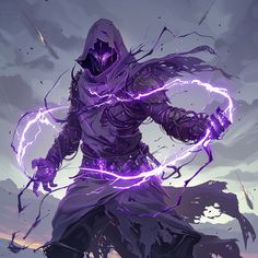 a man with purple hair and lightning in his hands