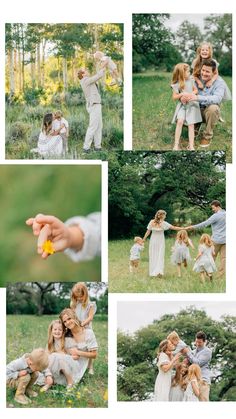 a collage of family photos taken in the park with their child's hands