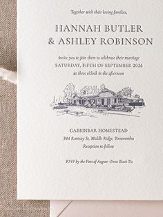 a wedding card with the words hannah butler and ashley robinson on it