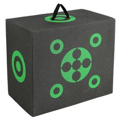 a black box with green circles on it