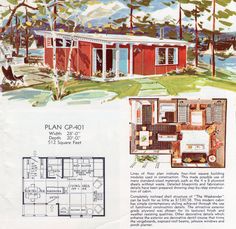 an advertisement for a house with red siding and white trim on the windows, doors, and floor