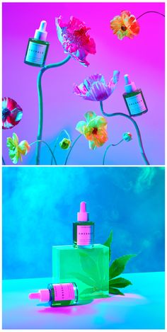 two different images with flowers and perfume bottles in the same photo, one is pink and blue