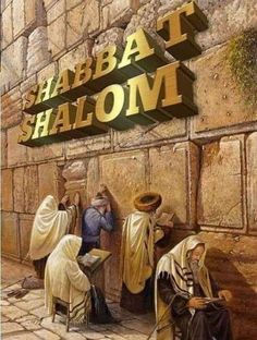 some people are standing near a stone wall and the words shabbat shalohm on it