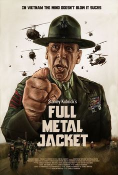 the movie poster for full metal jacket with an image of a soldier pointing at something