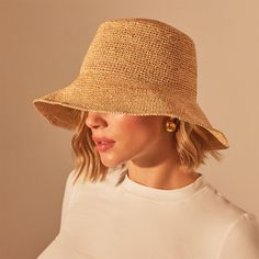 Crochet Bucket Hat in Jute | James Perse Los Angeles African Crochet Hats, Bucket Hat Photoshoot Ideas, Crochet Photoshoot, Printable Crochet Patterns, Hat Outfits Summer, Basket Hat, Raffia Crafts, Hats For Short Hair, Blouse Free Pattern