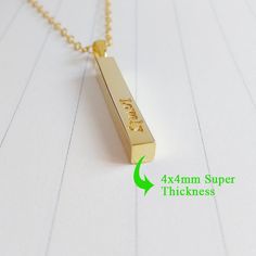 "All of our products are handmade. The Vertical Bar Necklace 18K Gold Plated - A perfect gift for holidays, anniversaries, birthdays,valentine, Christmas,mother's day and more. Adorable gold personalized bar necklace that can be engraved with any words, names, monogram,initials,coordinate, roman numeral,birthday,any signs your requests. Why buy from us? Quality Product At Affordable Prices 4mm Super Thickness. 100% Satisfaction Guaranteed. Detail Material:925 sterling sliver Thickness:4mm(0.16\" Gold Rectangular Bar Necklace For Gift, Customized Rectangular Necklace For Birthday Gift, Gold Custom Name Bar Necklace As Gift, Gold Custom Name Bar Necklace For Gift, Customizable Rectangular Necklaces For Birthday, Personalized Gold Bar Necklace Gift, Customizable Rectangular Necklace For Birthday Gift, Customizable Rectangular Necklaces For Birthday Gift, Customizable Rectangular Bar Necklace For Gifts