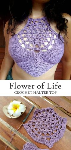 a woman wearing a purple crochet halter top with the words flower of life written on it