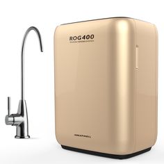 a gold refrigerator next to a kitchen faucet and sink with the word rog 4800 written on it