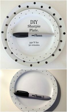 two plates with black and white polka dots on them, one has a marker in the middle