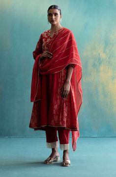 Shivani Bhargava-Red Chanderi Kurta Set-INDIASPOPUP.COM Red Anarkali, Easy Clothing, Chanderi Dupatta, Red Kurta, Printed Embroidery, Cotton Dupatta, Hand Work Embroidery, Kurta With Pants, Silk Pants