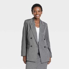 Women's Double Breasted Blazer - A New Day™ Gray Pinstripe M : Target Casual Blazer With Lapel Collar For Career, Casual Single-breasted Career Blazer, Spring Professional Blazer With Pockets, Professional Spring Blazer With Pockets, Casual Button-up Career Blazer, Casual Button-up Blazer For Career, Casual Career Blazer With Button Closure, Womens Tailored Suit, Womens Oversized Blazer