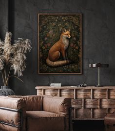 a fox sitting on top of a wooden table next to a chair and vase filled with flowers