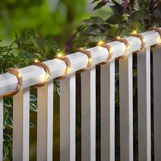 some lights that are on the side of a white fence with green plants in the background