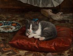 a painting of a cat laying on top of a red pillow next to a plate