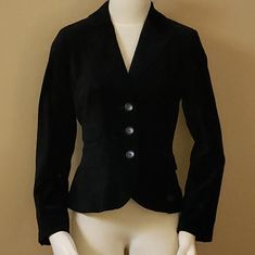 Nwt Loft Black Velvet Blazer. 3 Button Front With 3 Pockets And Rear Belt Detailing. Blue Satin Lining. Fitted Winter Blazer With Snap Buttons, Black Business Blazer With Covered Buttons, Button-up Blazer With Covered Buttons For Work, Fitted Button-up Blazer With Button Closure, Black Blazer With Snap Buttons For Office, Fitted Business Casual Outerwear With Buttons, Fitted Outerwear With Buttons For Business Casual, Black Office Blazer With Snap Buttons, Formal Fitted Blazer With Snap Buttons