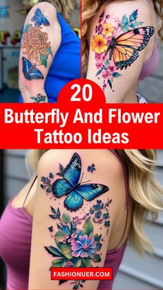 butterfly and flower tattoo designs on the back of a woman's shoulder, with text overlay that reads 20 butterfly and flower tattoo ideas