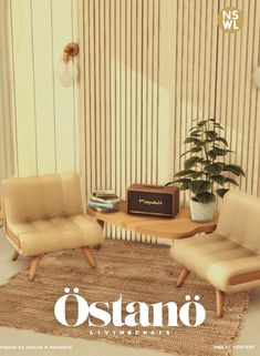 a living room with two chairs, a table and a radio on the rug in front of it