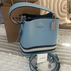 Gorgeous Coach Bucket Bag New/Comes With Strap No Longer Made!! Accepting Offers Luxury Blue Bucket Bag For Shopping, Designer Blue Rectangular Bucket Bag, Formal Blue Shoulder Bag With Silver-tone Hardware, Designer Blue Shoulder Bag With Silver-tone Hardware, Blue Formal Bucket Bag, Formal Blue Bucket Bag, Blue Evening Bag With Silver-tone Hardware, Evening Blue Bags With Silver-tone Hardware, Blue Evening Bags With Silver-tone Hardware