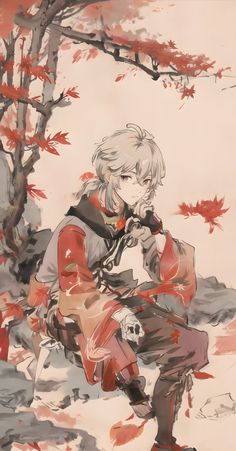 an anime character sitting in front of a tree with red leaves on it's branches