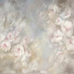 an abstract painting of white flowers on a gray and beige background with light pink hues