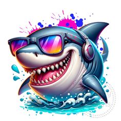 a shark with sunglasses and headphones in the water