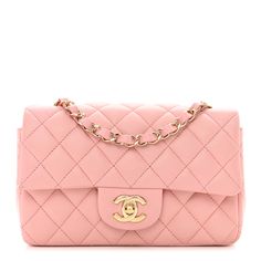 This is an authentic CHANEL Lambskin Quilted Mini Rectangular Flap in Pink. This chic classic mini flap is crafted of soft diamond-quilted lambskin leather in pink. The shoulder bag features a gold chain-link leather threaded shoulder strap, a rear patch pocket, and an aged gold Chanel CC turn-lock on the front flap. This opens to a pink leather interior with zipper and patch pockets. 1402170 Chanel Crossbody, Mode Chanel, Classic Flap Bag, Gold Chanel, Pink Chanel, Shopping Chanel, Chanel Caviar, Chanel Vintage, Gucci Handbags