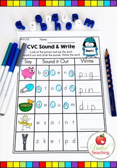 the cvc sound and write worksheet is shown with crayon markers