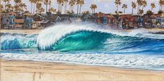 a painting of a wave crashing on the beach with houses in the background and palm trees