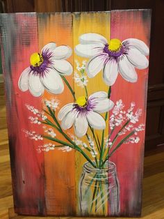 a painting of daisies in a mason jar on a wood paneled background, painted with acrylic paint