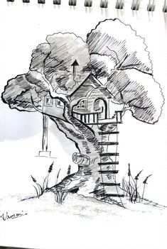 a pencil drawing of a tree house