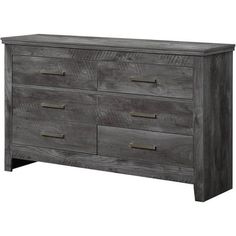 a gray dresser with four drawers and two pulls on the bottom drawer, in front of a white background