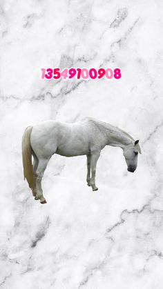 a white horse standing on top of a pile of snow next to a pink sign