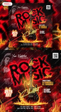 the flyer for rock night with flames and guitars